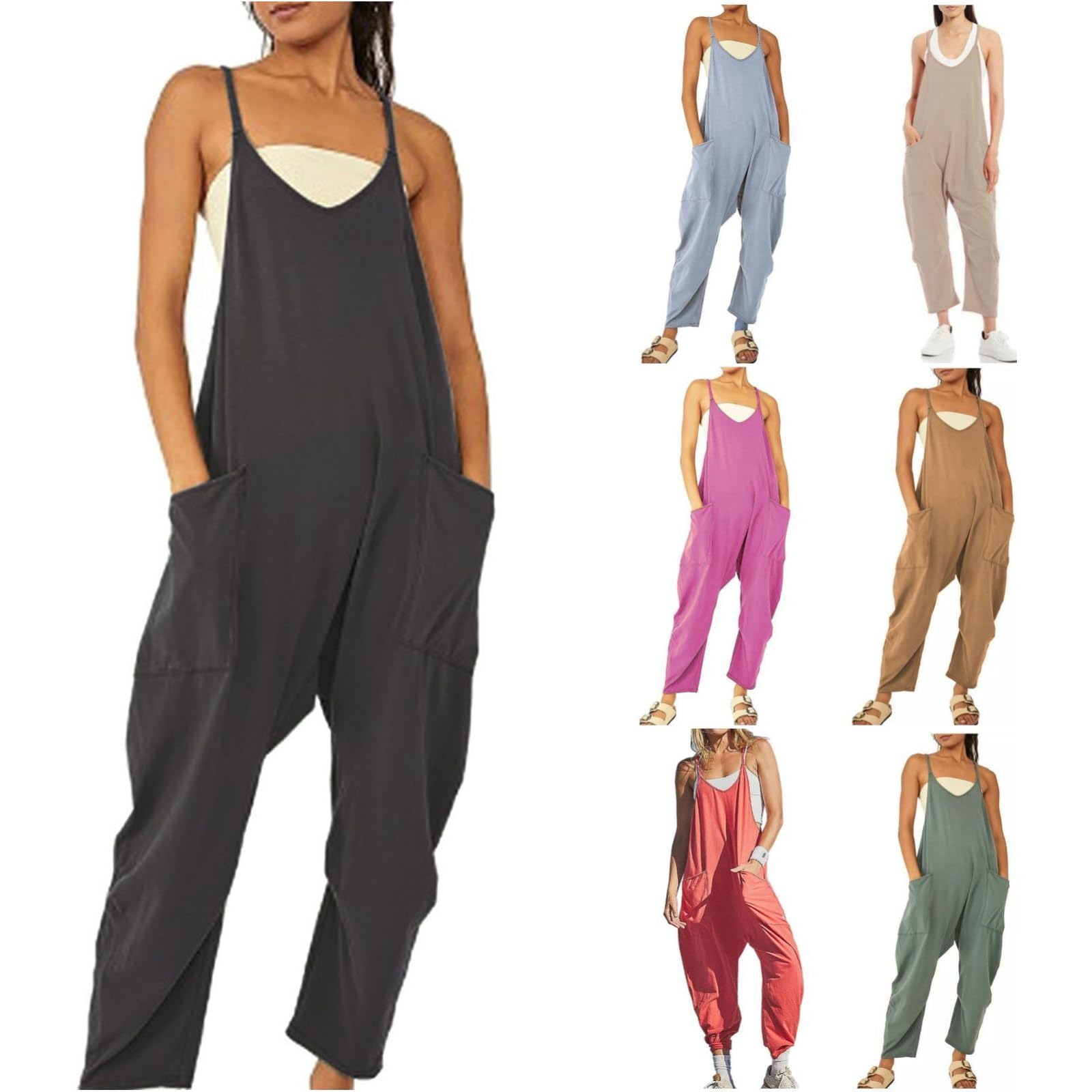 Women's Casual Sleeveless Jumpsuit - Summer 2024 Loose Romper with Spaghetti Straps & Pockets | Trendy Baggy Overalls for Beach, Travel & Everyday Wear