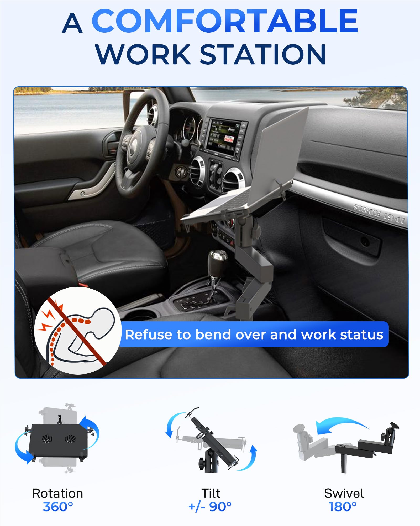 Adjustable Aluminum Truck Laptop Mount Holder for 2007-2017 Jeep Wrangler JK - Fits Laptops Up to 17
