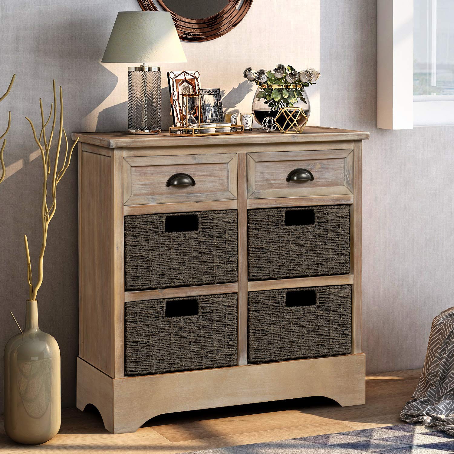 Vintage Storage Cabinet with 2 Drawers & 4 Baskets - Home Organization for Kitchen, Living Room & Entryway