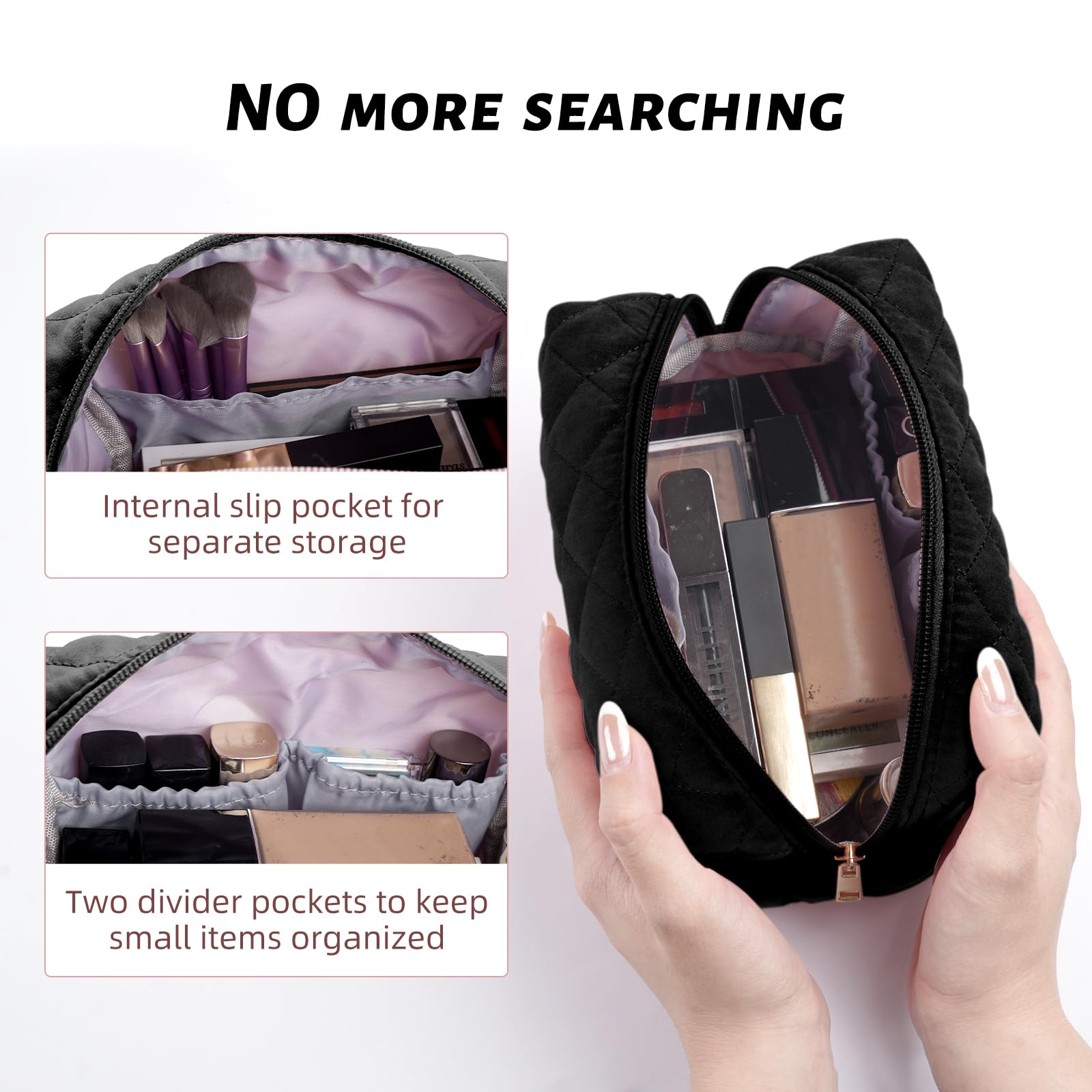 Stylish Small Cotton Quilted Makeup Bag for Women - Portable Cosmetic Pouch Purse (Black) | Perfect for Travel, Gym & Everyday Essentials
