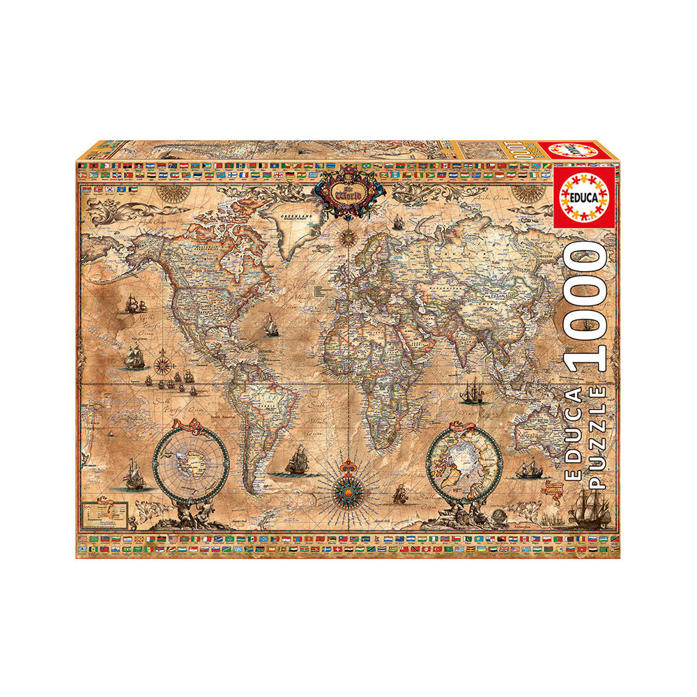 Educa Antique World Map 1000 Piece Jigsaw Puzzle for Adults - Vintage Geography Educational Puzzle Game for Home Decor & Family Game Night