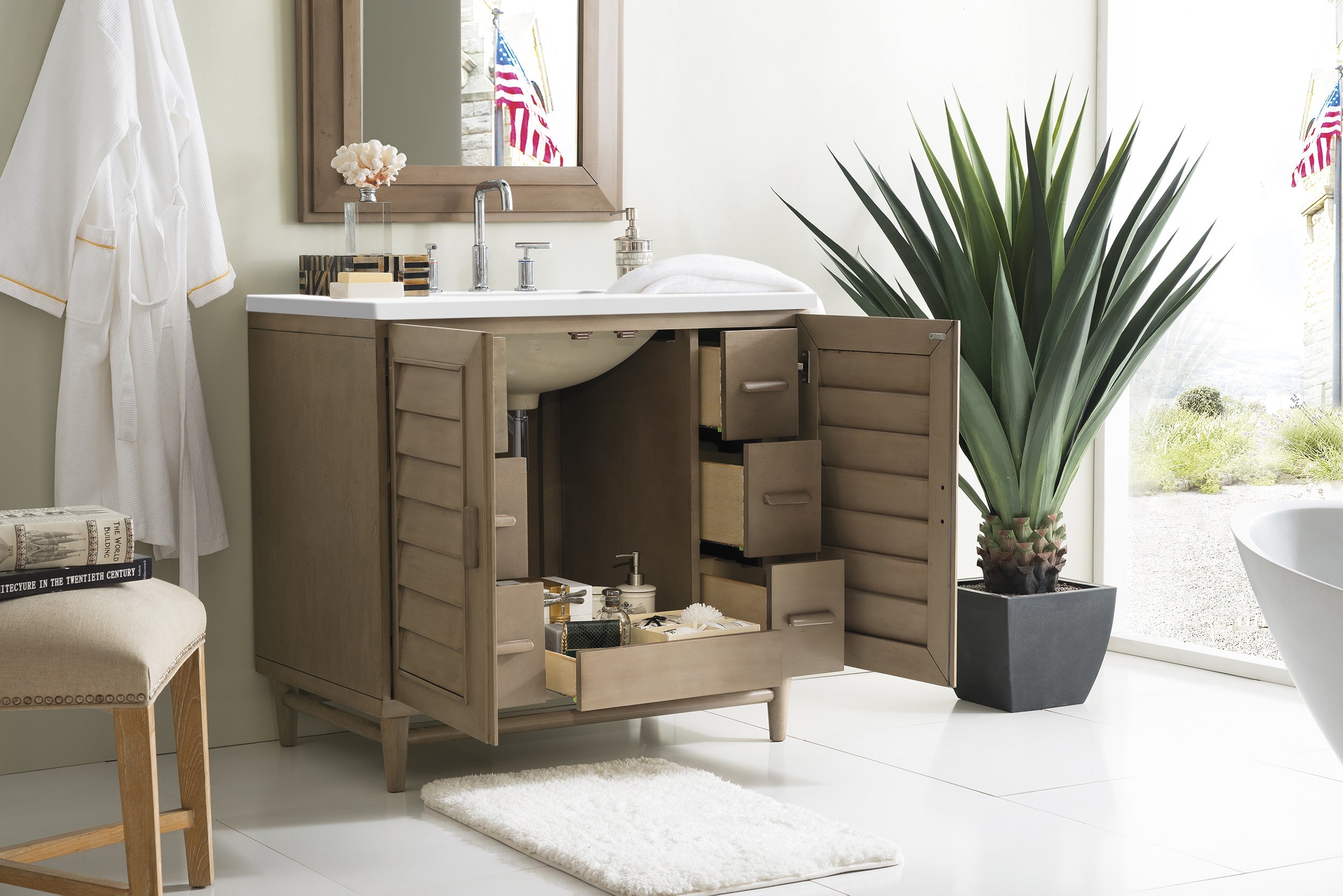 Portland 36 Inch Single Bathroom Vanity in Whitewashed Walnut with 3CM Classic White Quartz Countertop - Perfect for Modern Farmhouse & Coastal Bathroom Designs