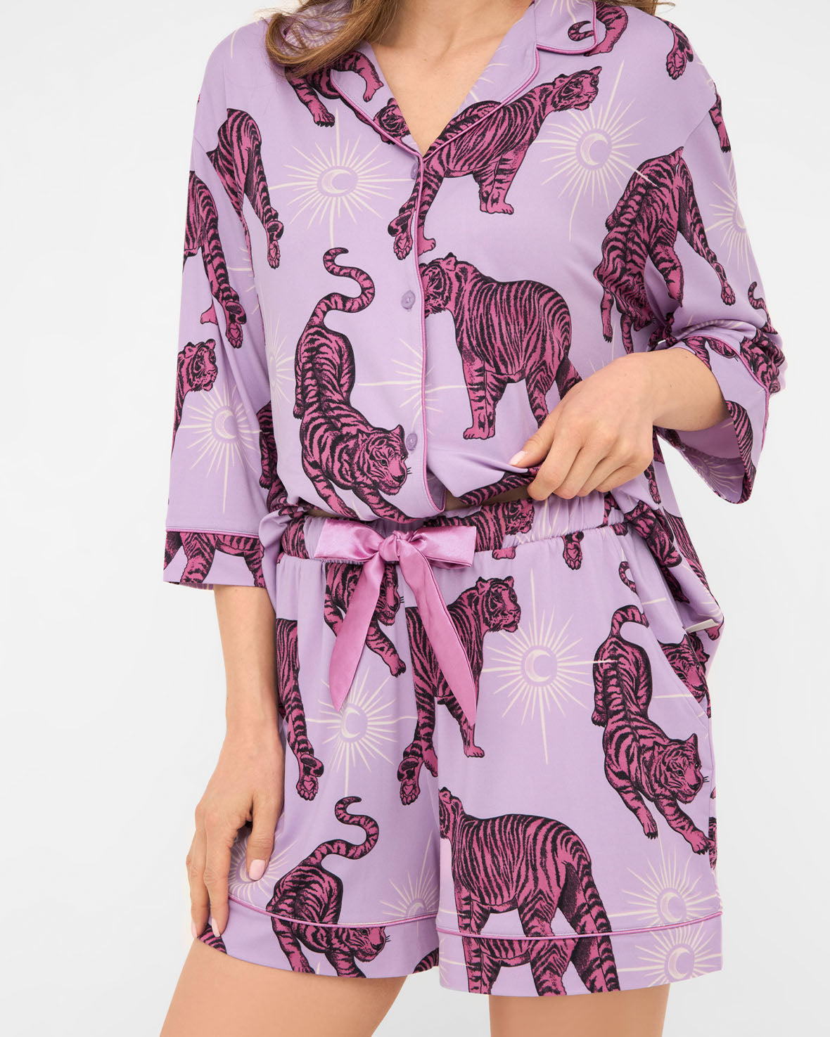 Mystic Tiger Print Short Pajama Set for Women - Soft & Comfortable Sleepwear - Perfect for Summer Nights, Lounging & Travel