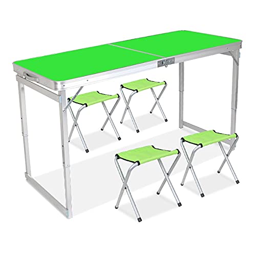 Foldable Card Table with 4 Chairs - Portable Camping Table Set with Carry Handle - Lightweight Aluminum Adjustable Height Outdoor Dining Table - Perfect for Beach, BBQ, Picnic, Cooking, Festival & Office Use (Green)