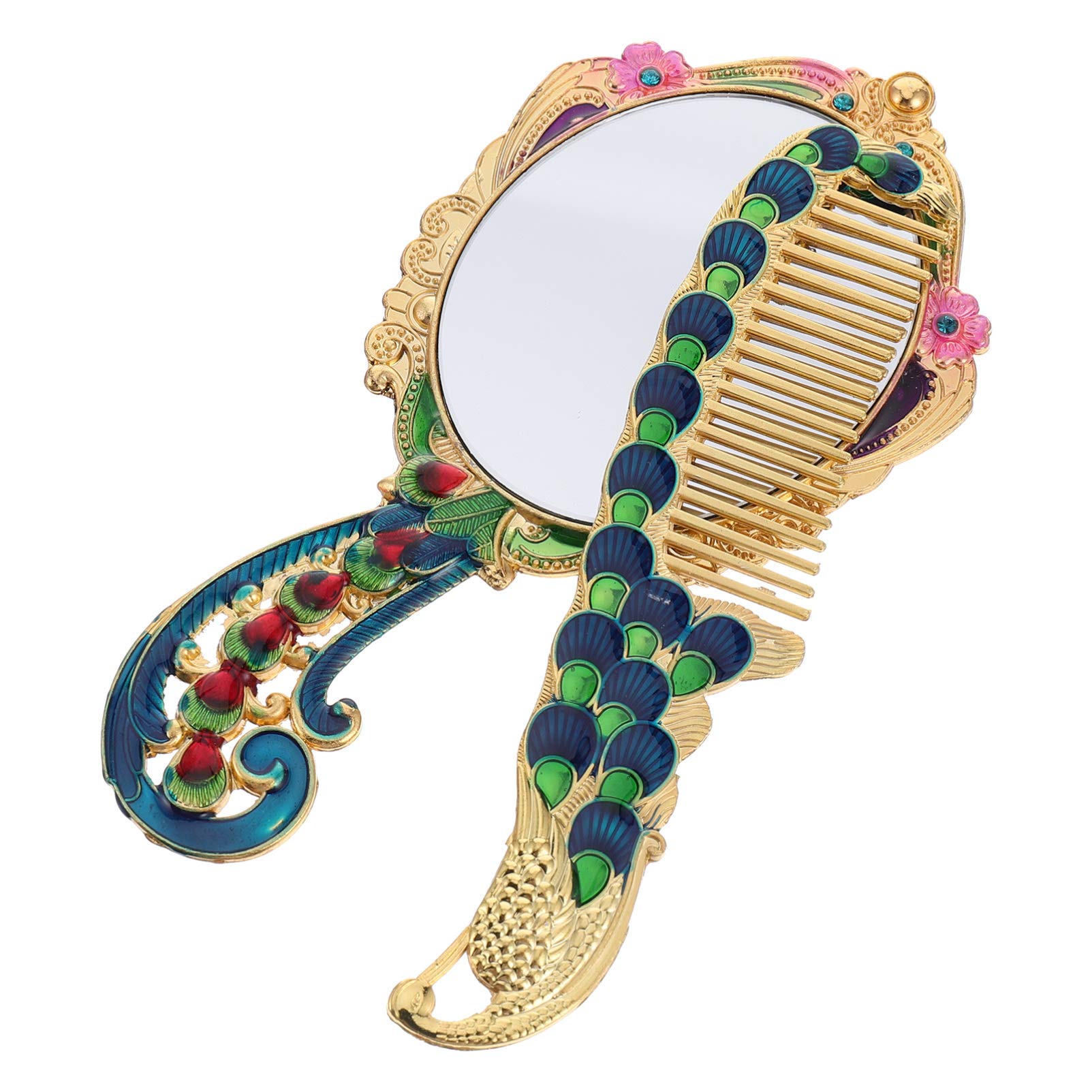 2-Pack Vintage Peacock Hand Mirror & Comb Set - Compact Travel Makeup Mirror with Metal Frame, Old Fashioned Vanity Mirror for Women | Perfect for Travel, Bridal Makeup, Dressing Table & Gift Giving