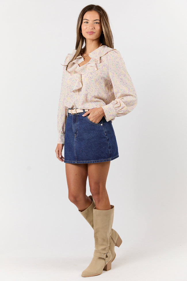 Pastel Floral Ruffle Trim Blouse for Women - Elegant Spring Summer Top - Perfect for Office, Date Night & Casual Outings