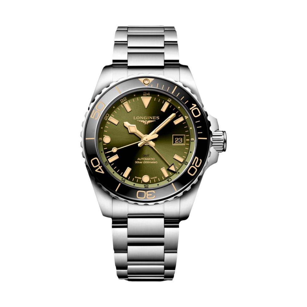 HydroConquest GMT Green Dial 41mm Stainless Steel Watch with Bracelet - Perfect for Travel, Business & Outdoor Adventures
