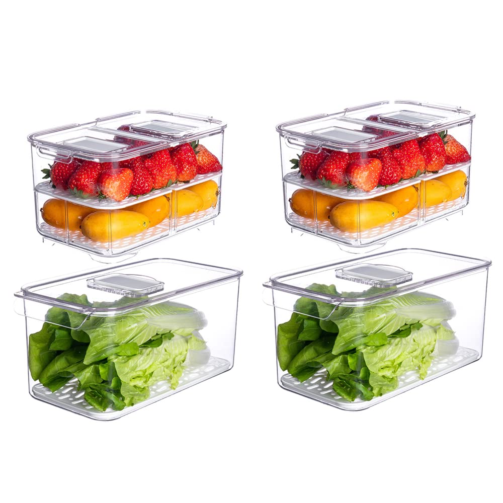 **Airtight Food Storage Containers for Fridge - 2800ML & 5700ML Lettuce Keeper with Lids & Drain Tray - Clear Fridge Organizer Set of 4 - Perfect for Fresh Produce, Meal Prep & Kitchen Organization**