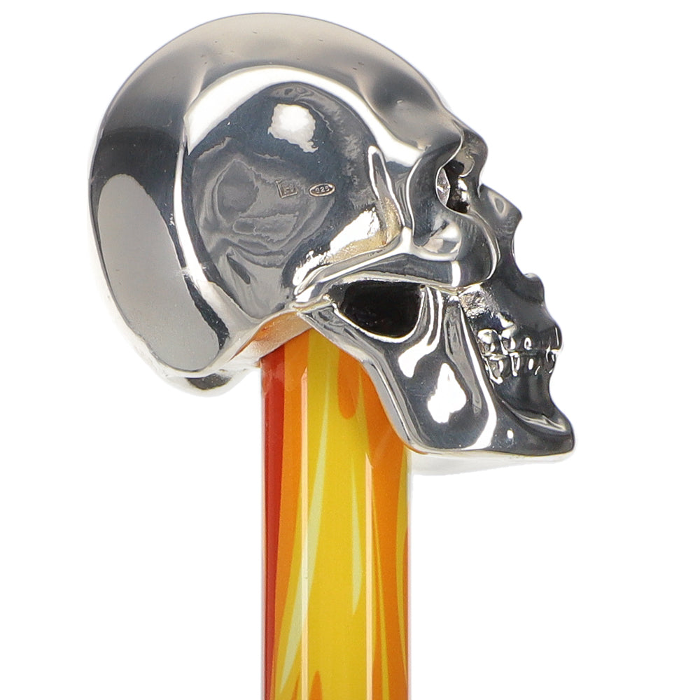 925 Sterling Silver Skull Walking Cane with Swarovski Crystal Eyes & Flame Design - Gothic Fashion Accessory for Cosplay, Halloween, and Steampunk Events