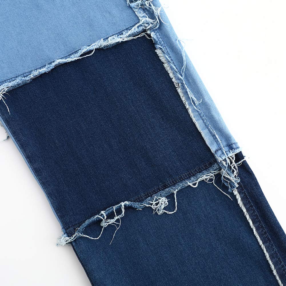 THUNDER STAR Women's Patchwork Straight Leg Jeans - Mid Rise Stretch Denim Pants with Distressed Hem | Casual Everyday Wear, Street Style Outfits
