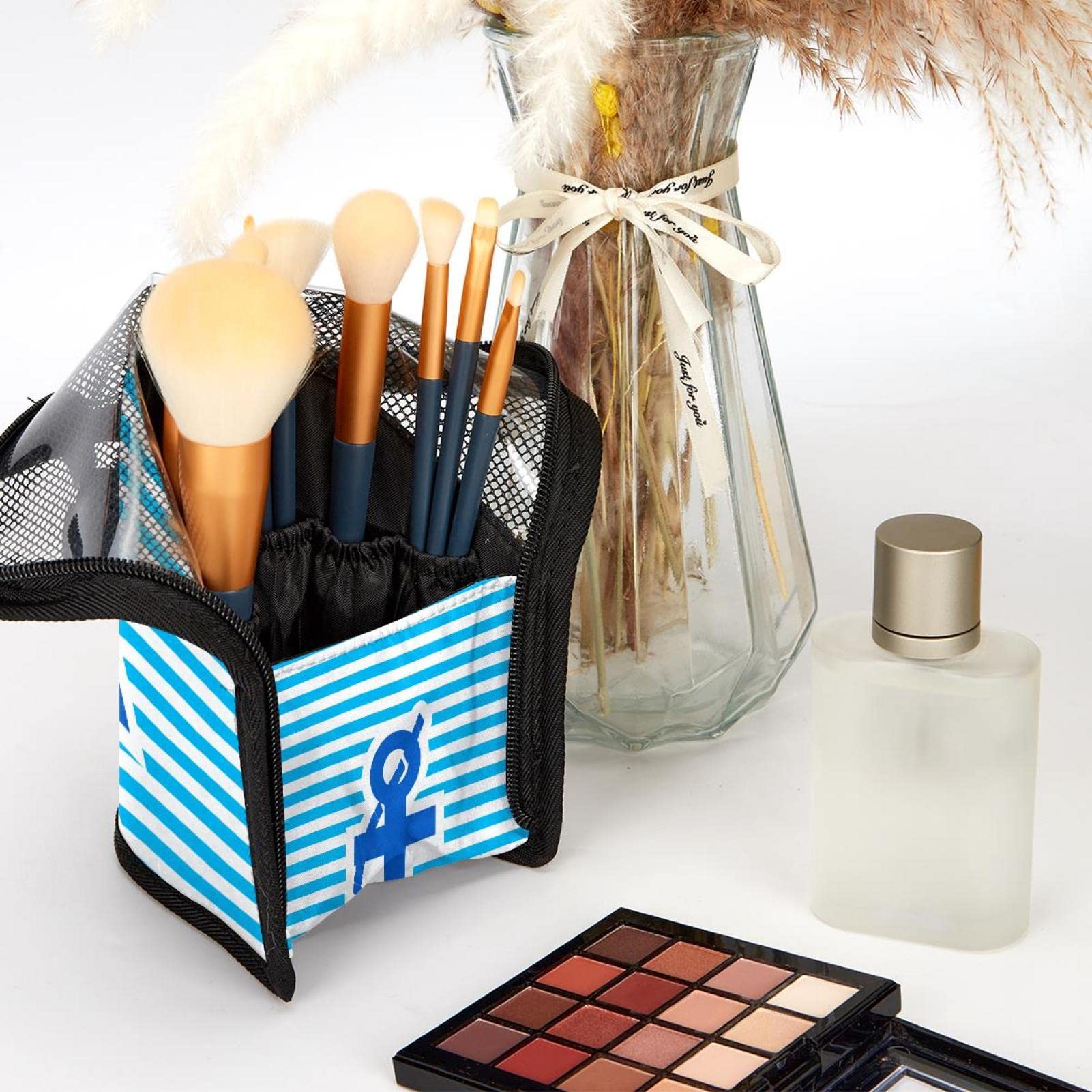 **12-Piece Makeup Brush Organizer Bag with Anchor Striped Design - Portable Waterproof Cosmetic Brush Holder Case for Travel & Home Storage (Bright Blue Marine)**