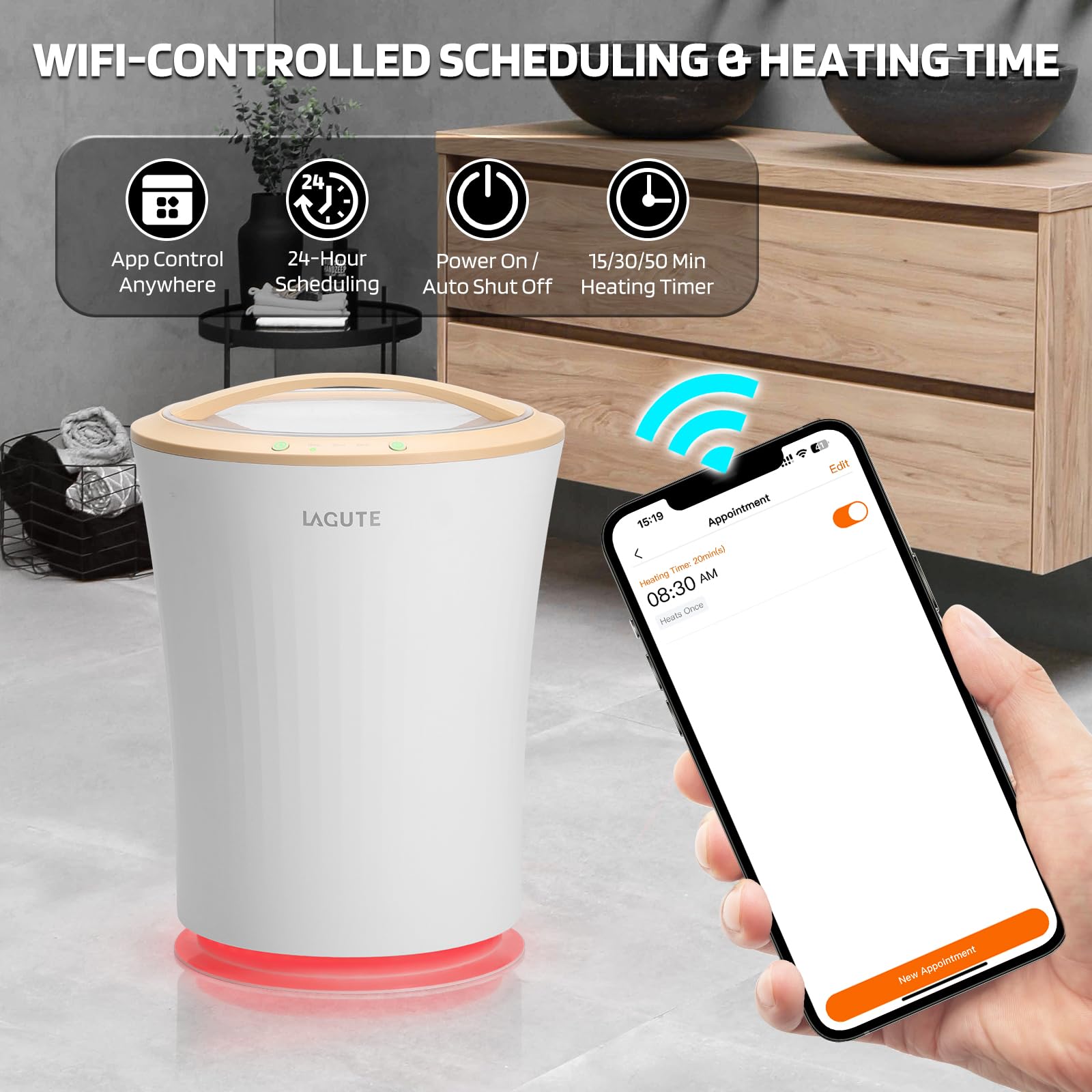 Lagute WiFi-Controlled Bathroom Towel Warmer Bucket with Timer, Alarm & RGB Lighting - Warm Beige | Luxury Spa, Hotel & Home Bathroom Accessory for Cozy Towels