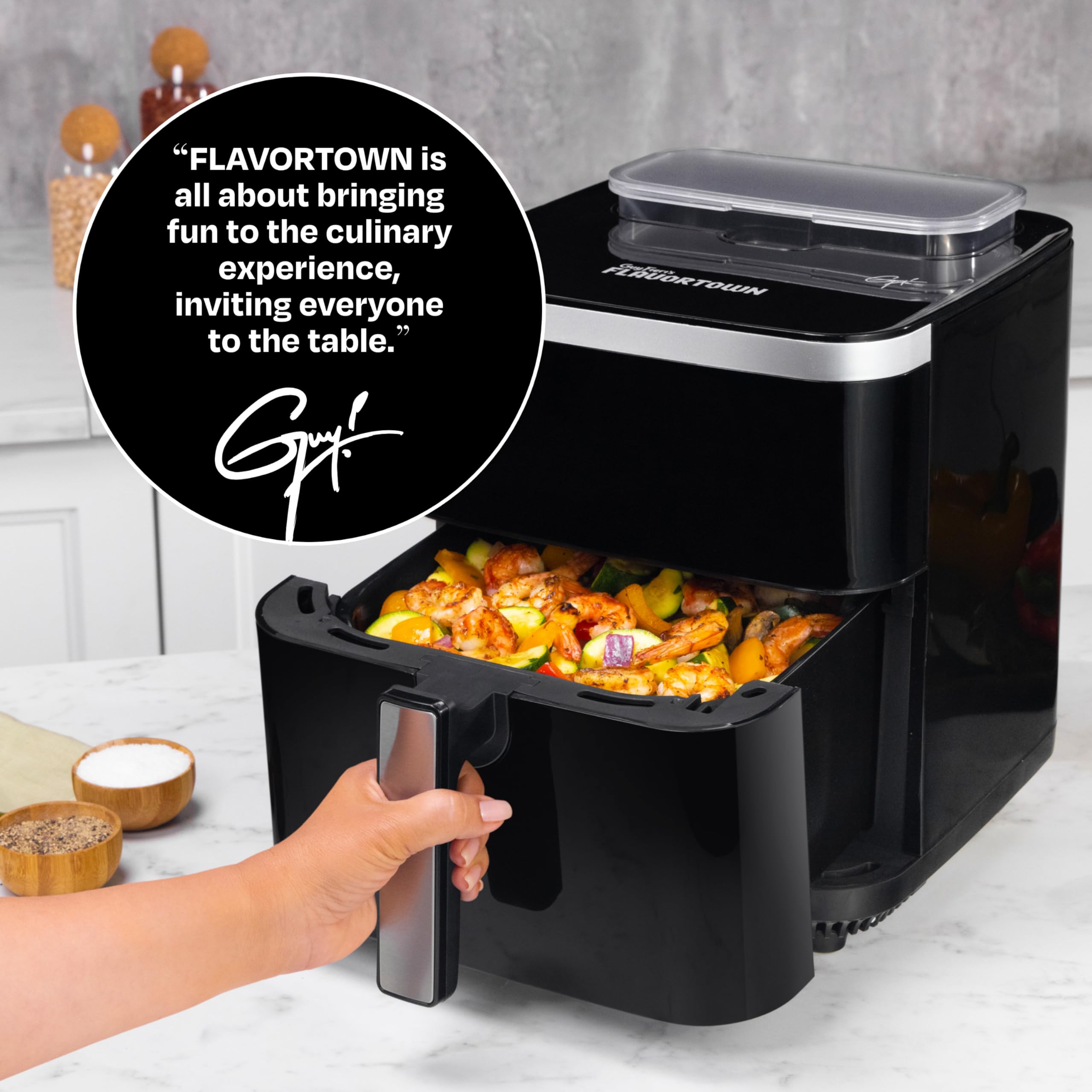 Guy Fieri's Flavortown 6.5 Quart Steam Air Fryer with Moisture Lock Technology – Programmable Steamer & Air Fryer Combo, 1700W, 10 Presets, Precise Temp Control – Perfect for Healthy Cooking, Crispy Snacks & Family Meals