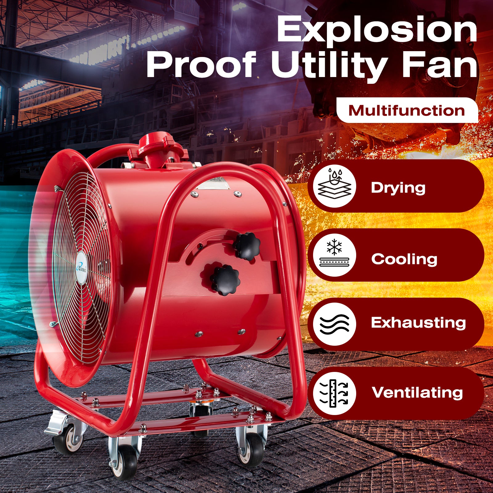 iLIVING ILG8EF16EX 16-Inch Explosion Proof High Velocity Blower Fan - 4240 CFM, 3300 RPM - Portable Industrial Ventilation for Fume Extraction, Air Circulation & Workshop Exhaust - Ideal for Garages, Factories & Hazardous Environments