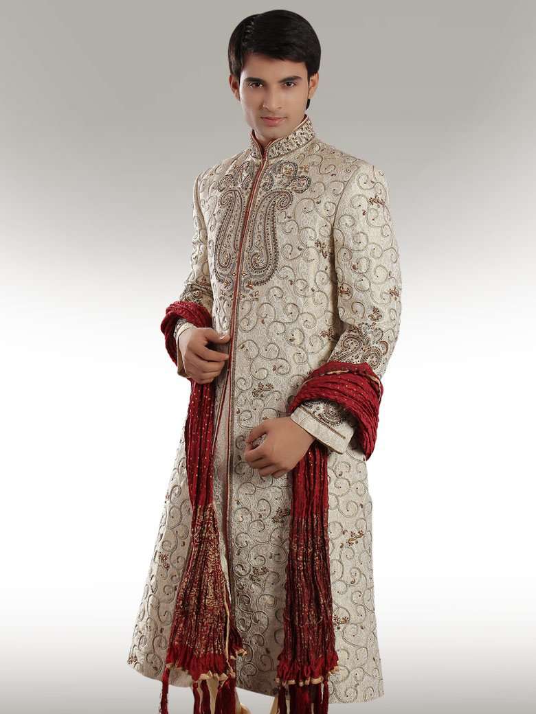Elegant Heavy Embroidered Beige Sherwani for Men | Traditional Indian Wedding Attire | Perfect for Grooms, Festivals & Special Occasions