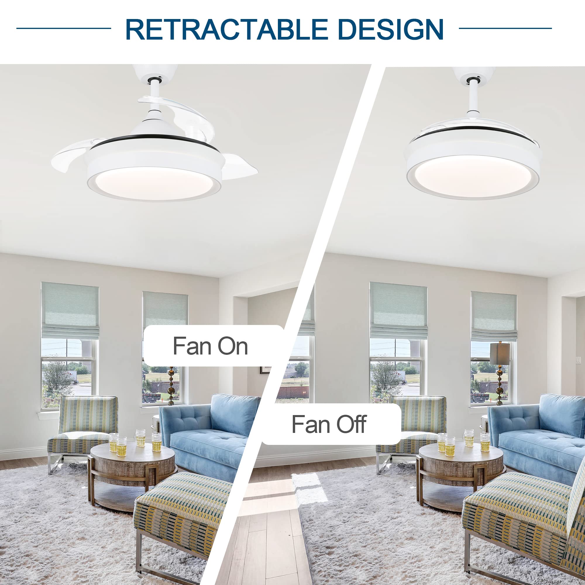 FebFurniture 42 Inch Ceiling Fan with Light and Remote Control - Retractable Chandelier Fan Lighting, CCT Dimmable, White - Perfect for Living Room, Bedroom, and Outdoor Patio