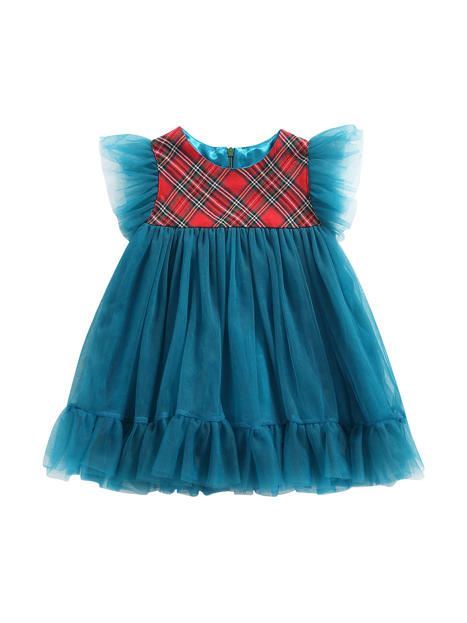 Christmas Baby Girls Dress - Ruffle Sleeve Plaid Patchwork Tulle Tutu Dress for Princess (1-6 Years) | Holiday Party, Photo Shoot & Special Occasion Outfit