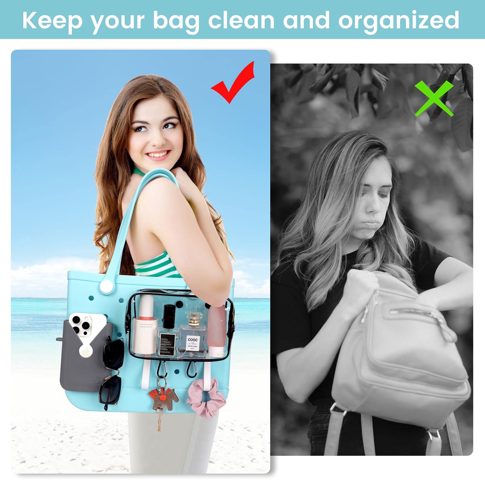 6-Pack Bogg Bag Accessories Set - Includes Silicone Phone Holder, PVC Insert Bag, Hooks & Keychain - Perfect for Beach, Pool & Travel Organization