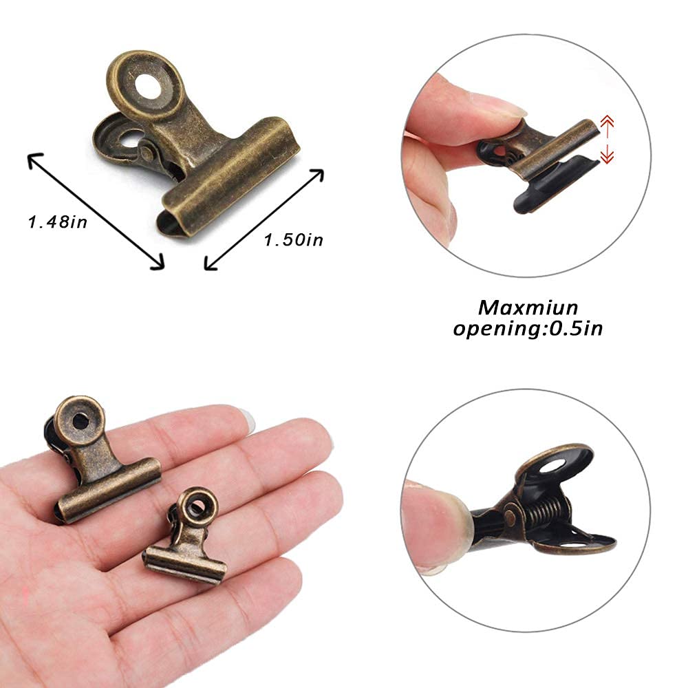 12 Pack 1.5 Inch Bronze Metal Clips with Push Pins - Heavy Duty Bulldog Clips for Hanging Pictures, Office Documents & School Projects | Small Hinge Clips for Cork Boards, Crafts & DIY | Multipurpose Mini Binder Clips for Paper Organization & File Clamping - Perfect for Home, Office & Classroom Use