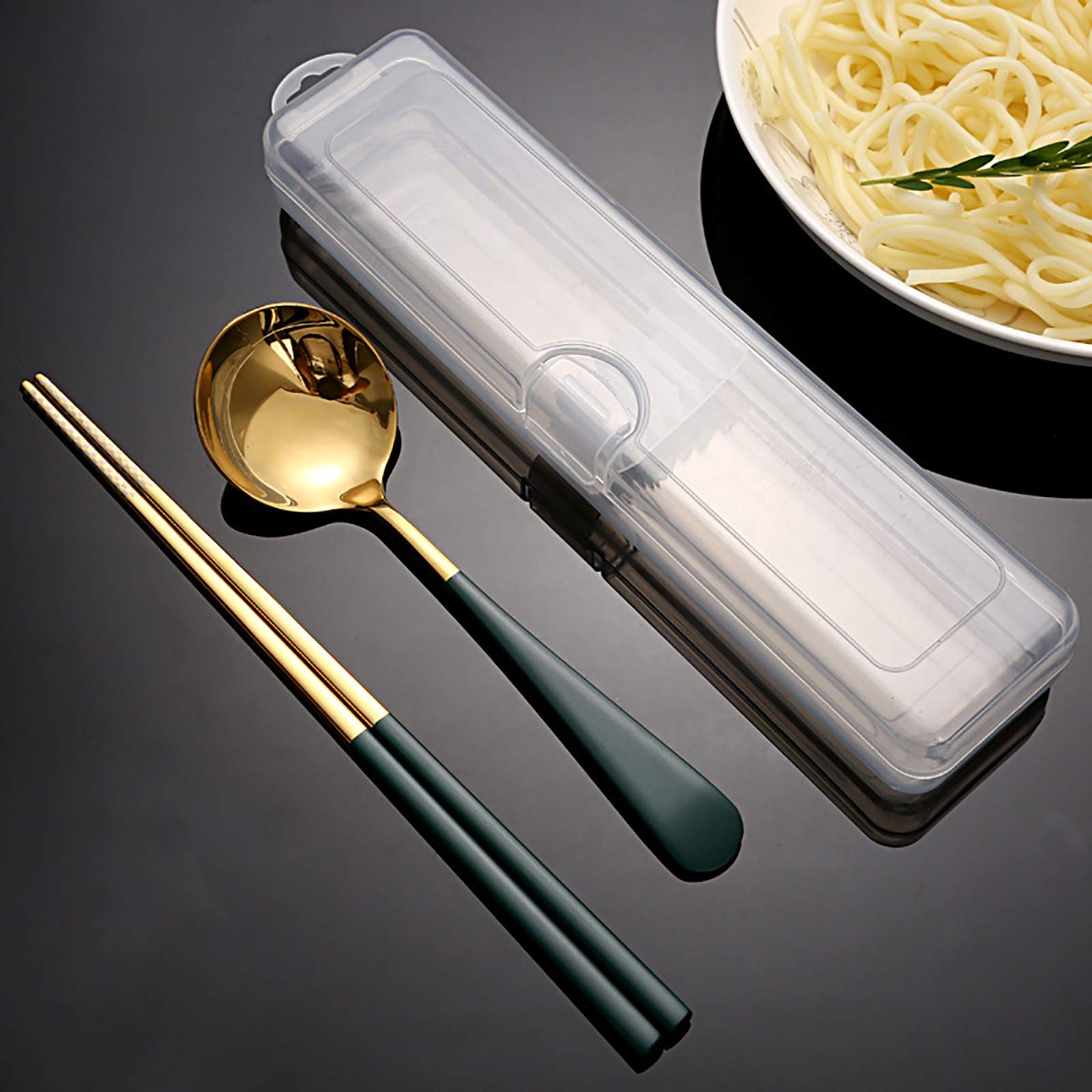 Portable Stainless Steel Flatware Set - Spoon, Fork, Chopsticks & Case | Reusable Travel Cutlery for Camping, Office & Outdoor Dining (Gold, Green)