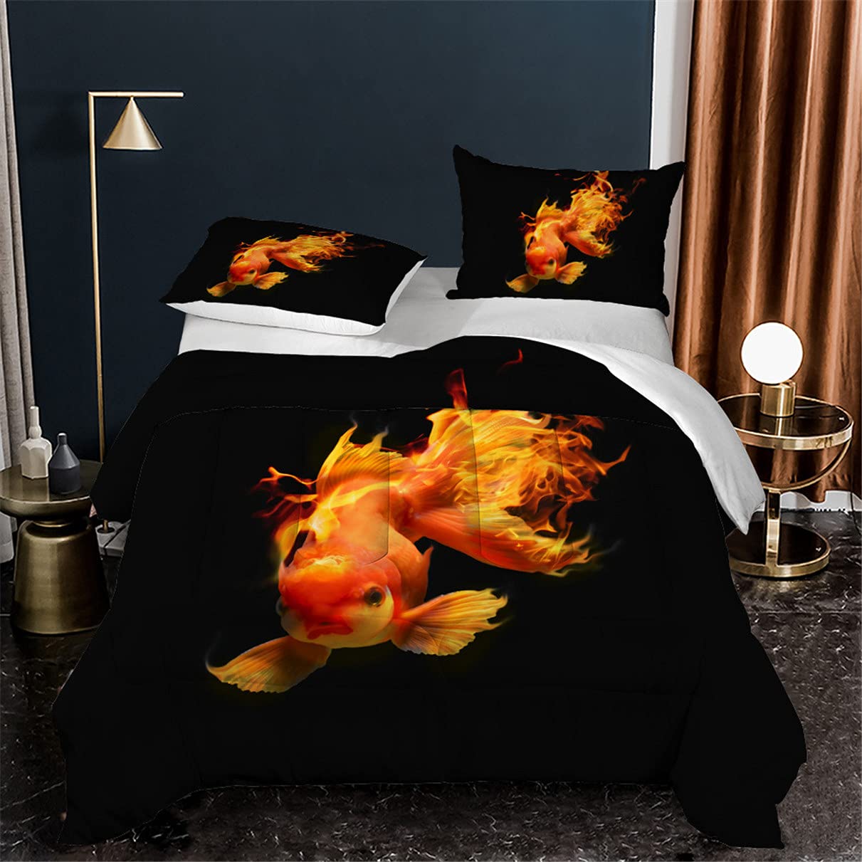EDUMEYA King Size Goldfish Black Bedding Set - Underwater Animal Pattern Comforter & 2 Pillowcases for Boys & Girls Room Decor | Perfect for Kids' Bedrooms, Dorm Rooms & Themed Nursery Decor