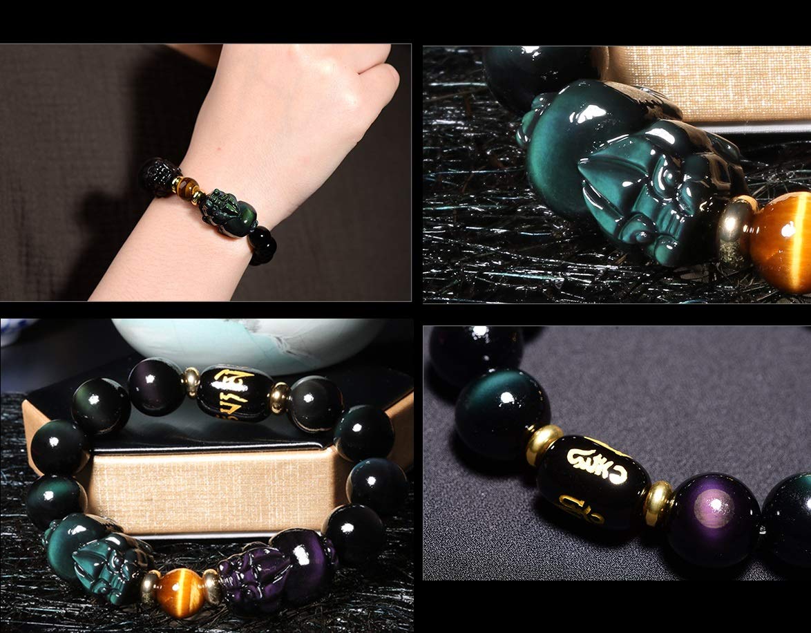 Feng Shui Obsidian Bracelet with Double Pixiu - Rainbow Obsidian & Tiger Eye Stone Money Luck Talisman, Stretch Bangle with Six Word Mantra Carving - Perfect for Wealth Attraction, Spiritual Protection & Daily Wear