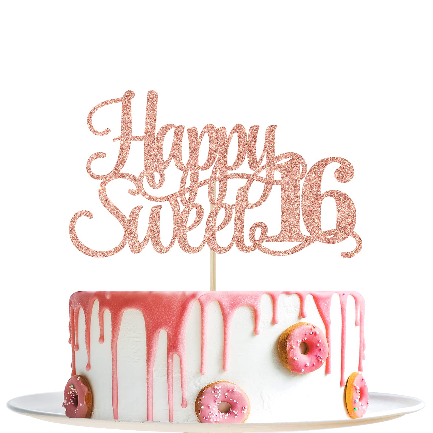 Rose Gold Glitter Happy Sweet 16 Cake Topper - 16th Birthday Cake Decorations - Hello 16 Party Supplies for Sweet Sixteen Celebrations, Birthday Parties & Milestone Events