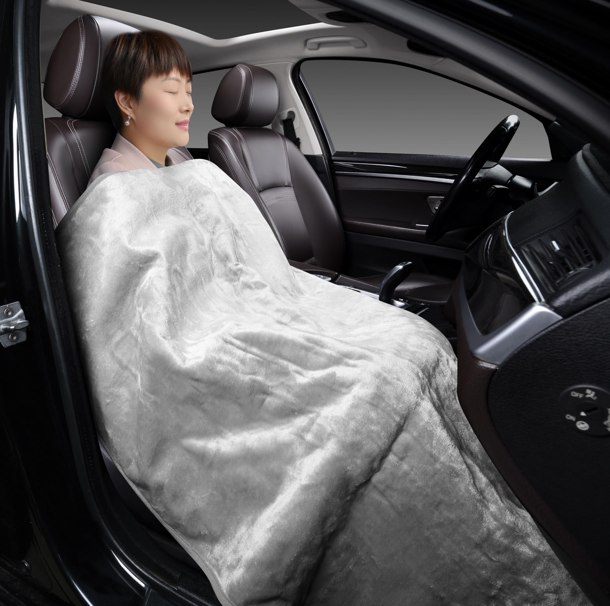 12V Electric Heated Car Blanket with Timer & Adjustable Heat - Soft Fleece & Faux Sherpa Lining (Gray) - Perfect for Winter Road Trips & Camping in Cold Weather
