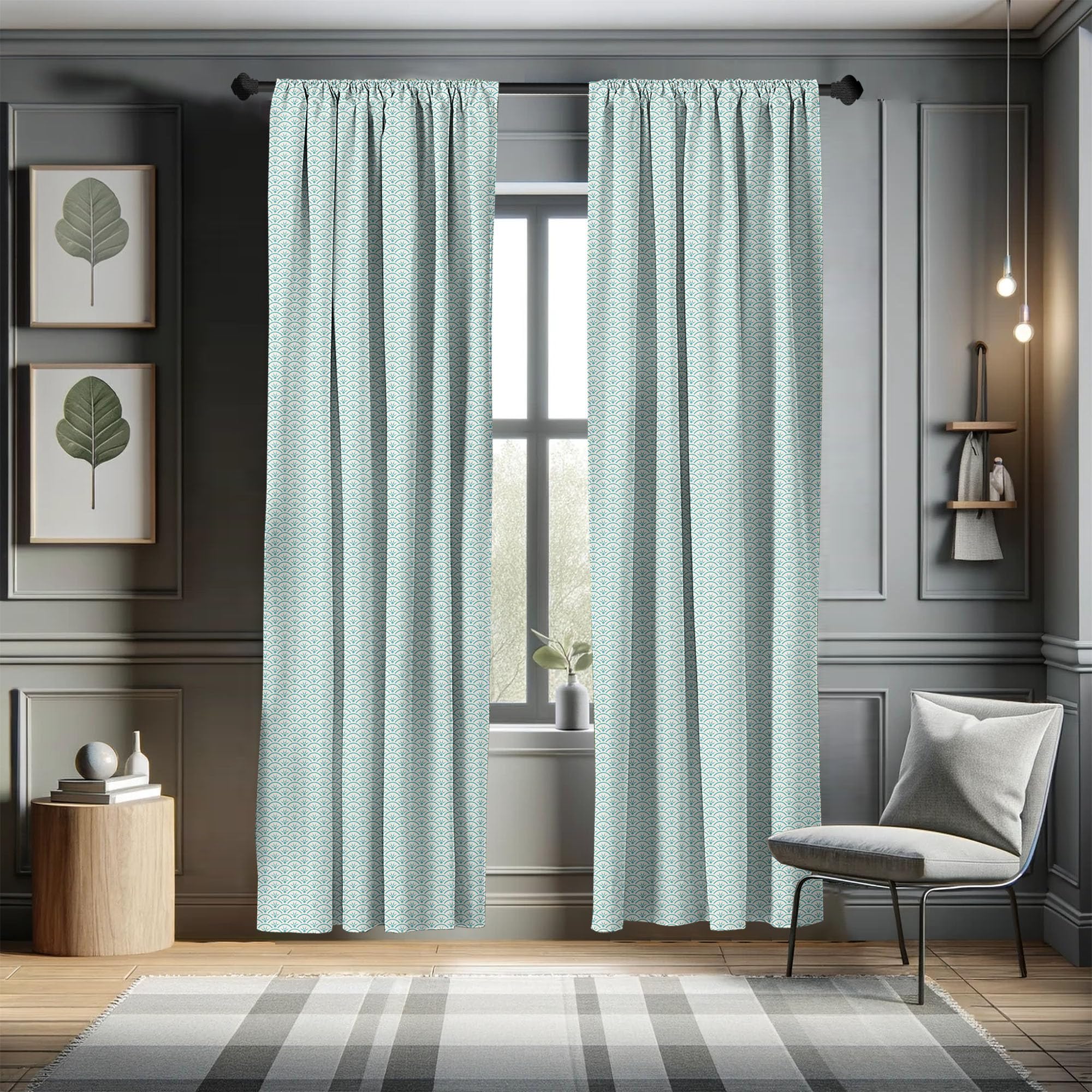 Ambesonne Japanese Ocean Wave Curtains - Aqua Blue & White Sun Rays Design, 2 Panel Set (28