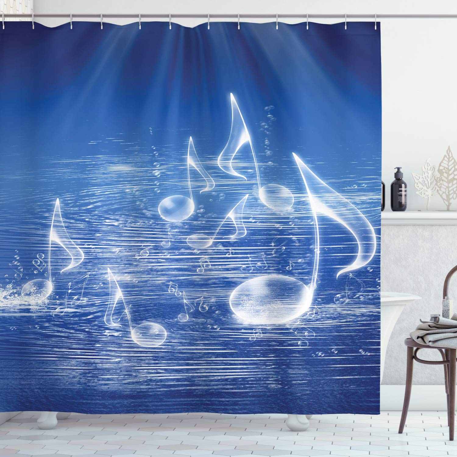 Ambesonne Music Themed Shower Curtain - Blue Water Musical Notes & Bubbles Design, 69x84 Inch Fabric Bathroom Decor with Hooks - Perfect for Music Lovers' Bathroom & Unique Gift Idea