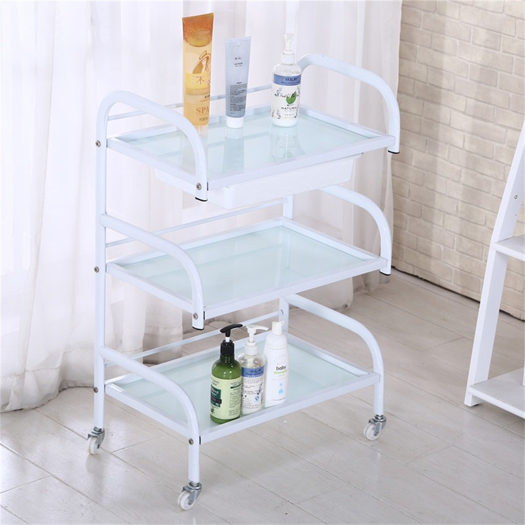 ZSCLLCQ 3-Tier Beauty Salon Trolley with Drawer & Tempered Glass Panel - Mobile Storage Cart for Hairdressing, Nail Art, Salon Supplies - White | Perfect for Salon Organization & Professional Stylists