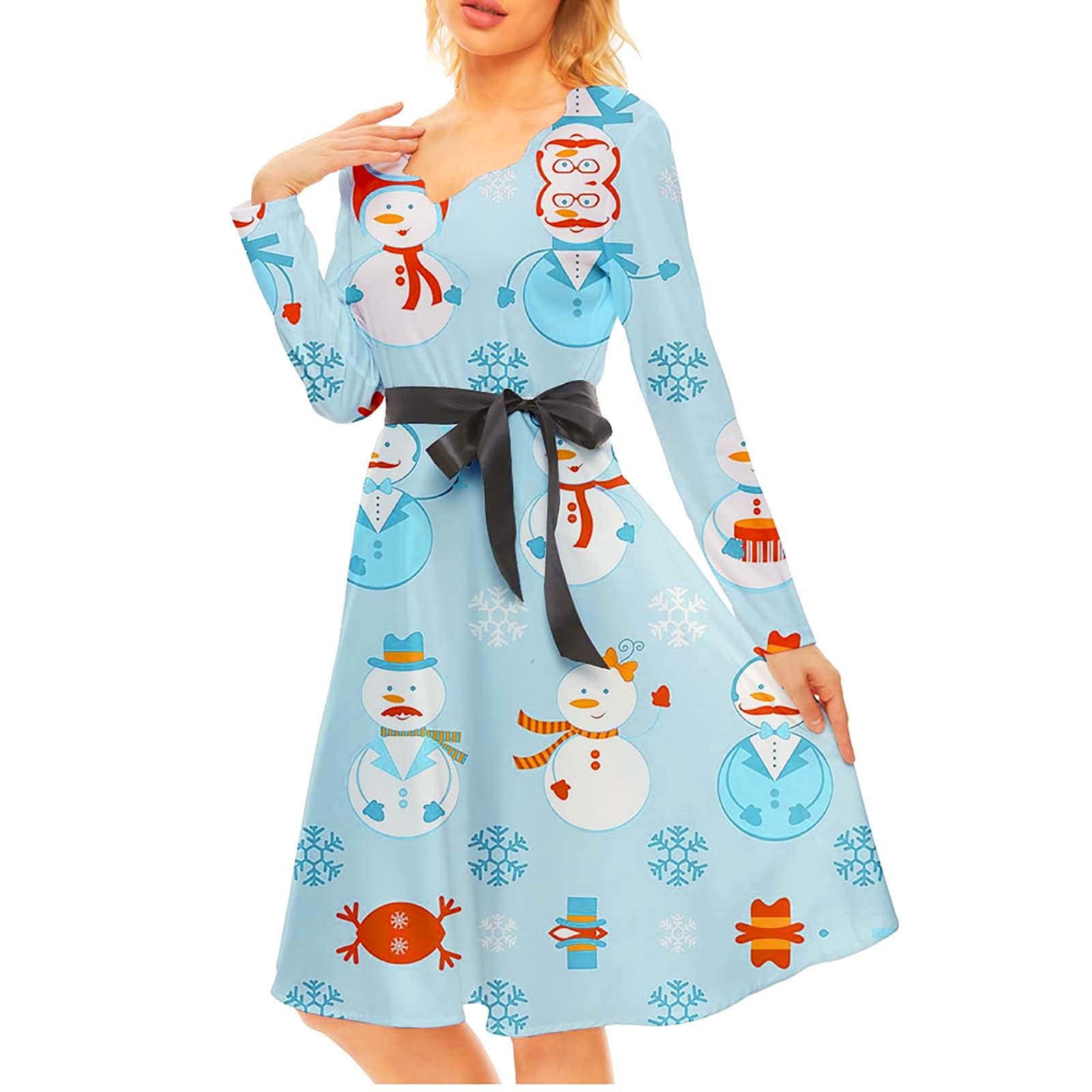 Christmas Santa Snowflake Printed Women's Dress - Long Sleeve A-Line Casual Loose Fit Holiday Party Dress for Xmas, Winter Festive Gatherings & Family Photos