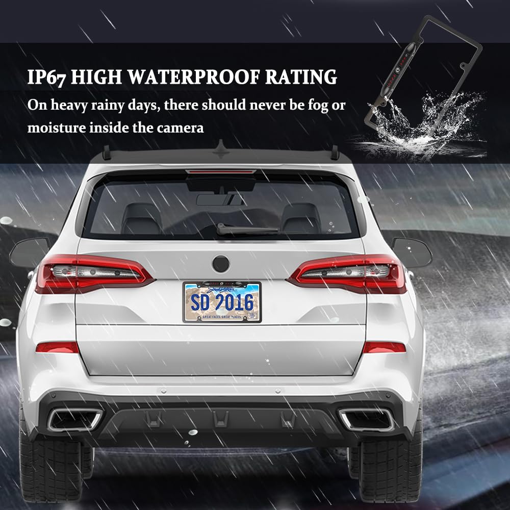 HD Night Vision License Plate Backup Camera with 8 LEDs, 170° Wide Angle & IP67 Waterproof - Heavy Duty Rear View Camera for Cars, Trucks, SUVs (Fits US License Plates) - Perfect for Parking Assistance & Safe Reversing in Low Light Conditions