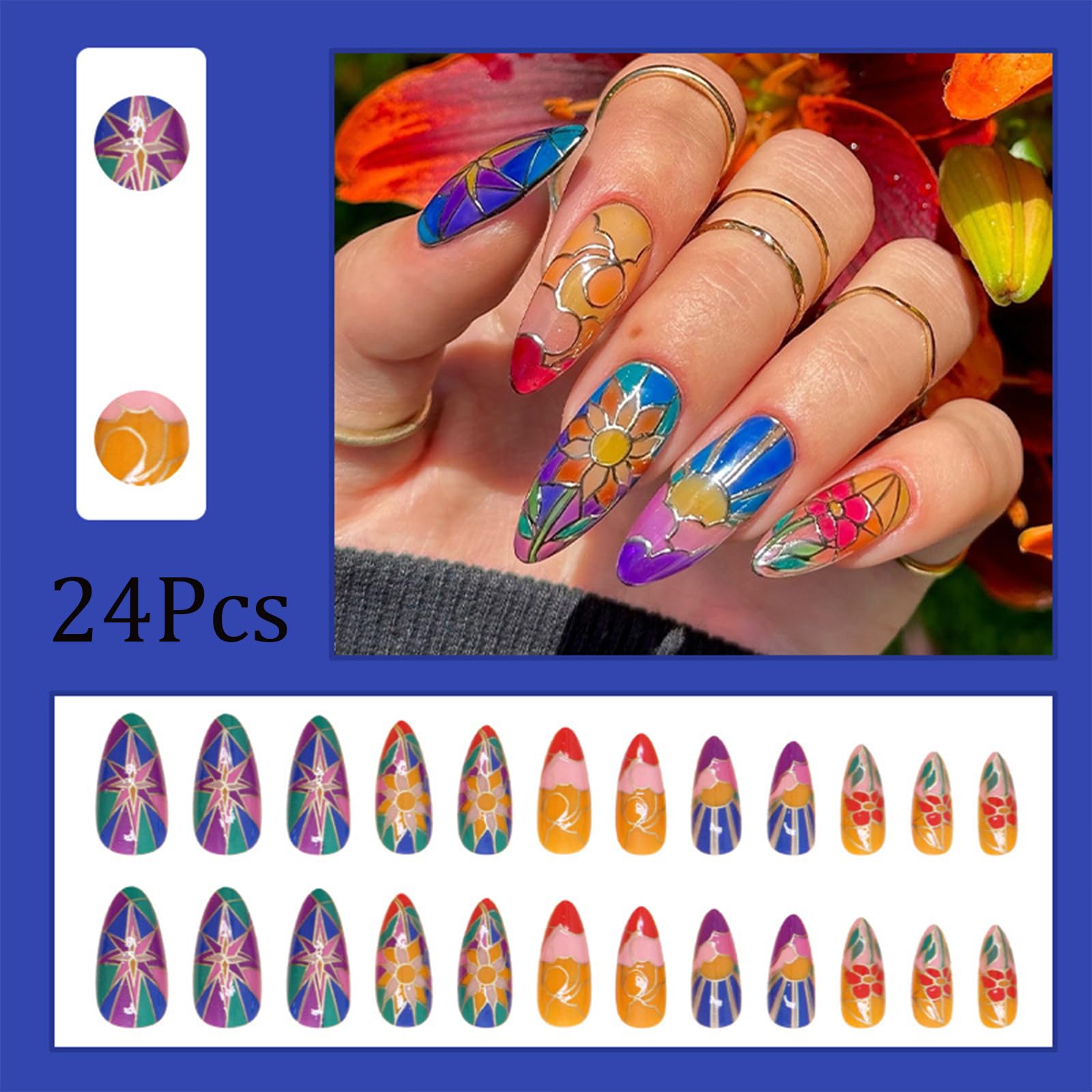 24Pcs Colorful Press on Medium Almond Fake Nails with Stained Glass Flower Designs - Gothic Acrylic False Nails Glossy Full Cover - DIY Artificial Stick on Nails for Women & Girls - Perfect for Parties, Weddings, Halloween & Daily Wear