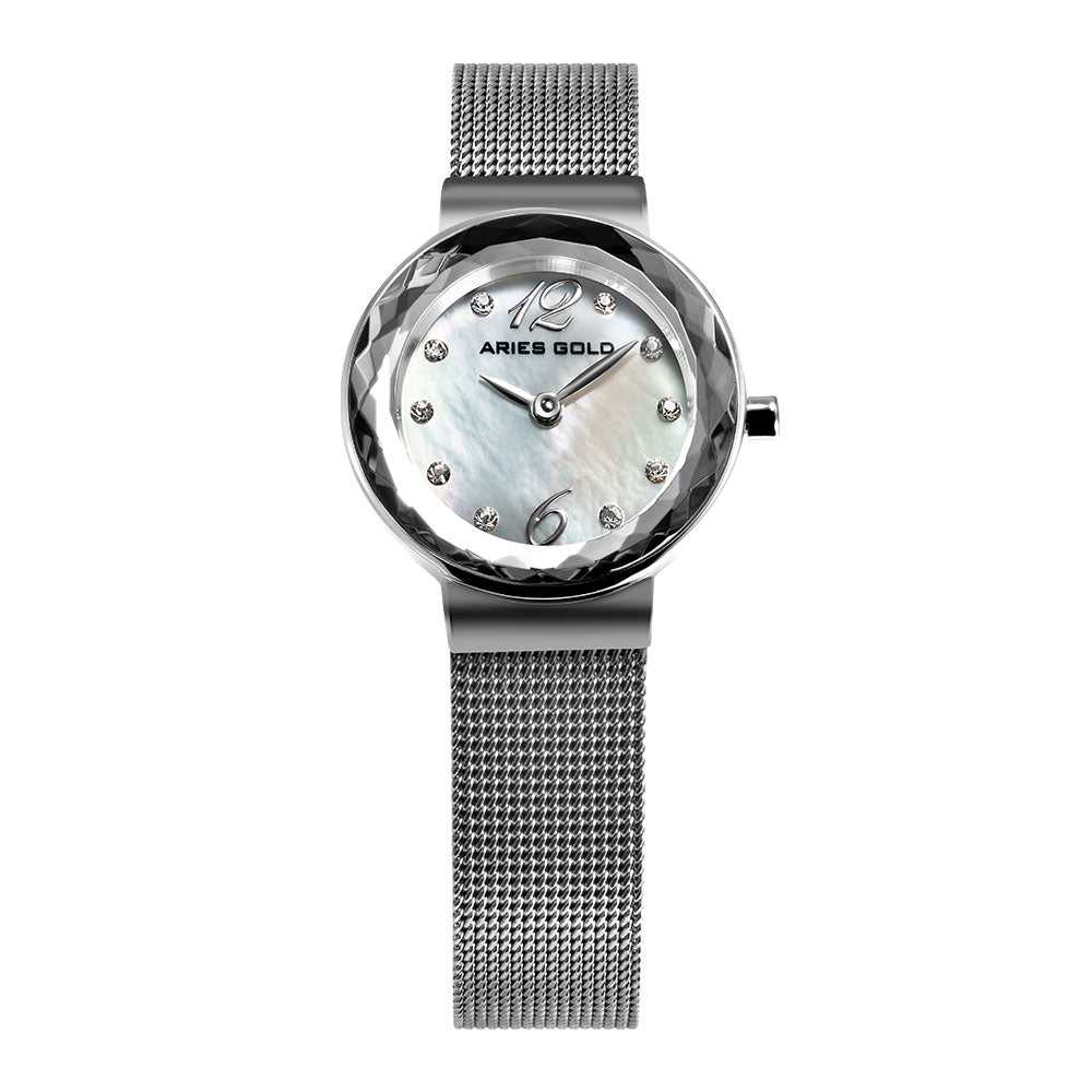 ARIES GOLD ENCHANT JEWEL SILVER STAINLESS STEEL L 5026 S MOP MESH STRAP WOMEN'S WATCH - Elegant Dress Watch for Women, Perfect for Office, Party & Special Occasions