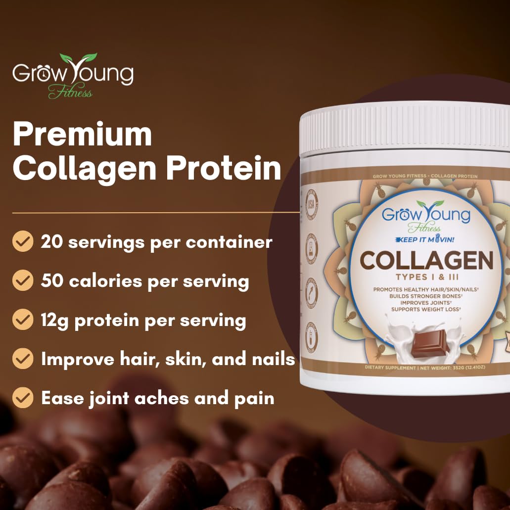 Grow Young Fitness Collagen Protein Powder - Milk Chocolate Flavor, 12.41oz (1 Pack, 20 Servings) | Sugar Free Supplement for Skin Elasticity, Bone & Joint Health, Weight Management | Perfect for Post-Workout Recovery & Healthy Lifestyle