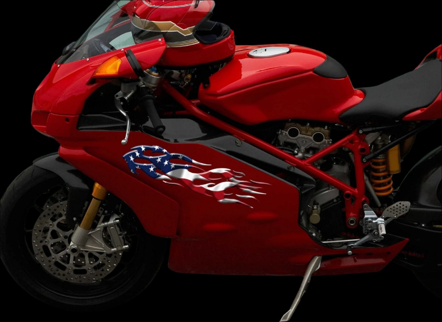 American Flag Flames Motorcycle Vinyl Graphic Decals - Patriotic Bike Stickers for Harley, Honda, Yamaha - Durable Waterproof Decals for Helmets, Tanks & Fairings - Perfect for Bikers, Veterans & Independence Day Rides