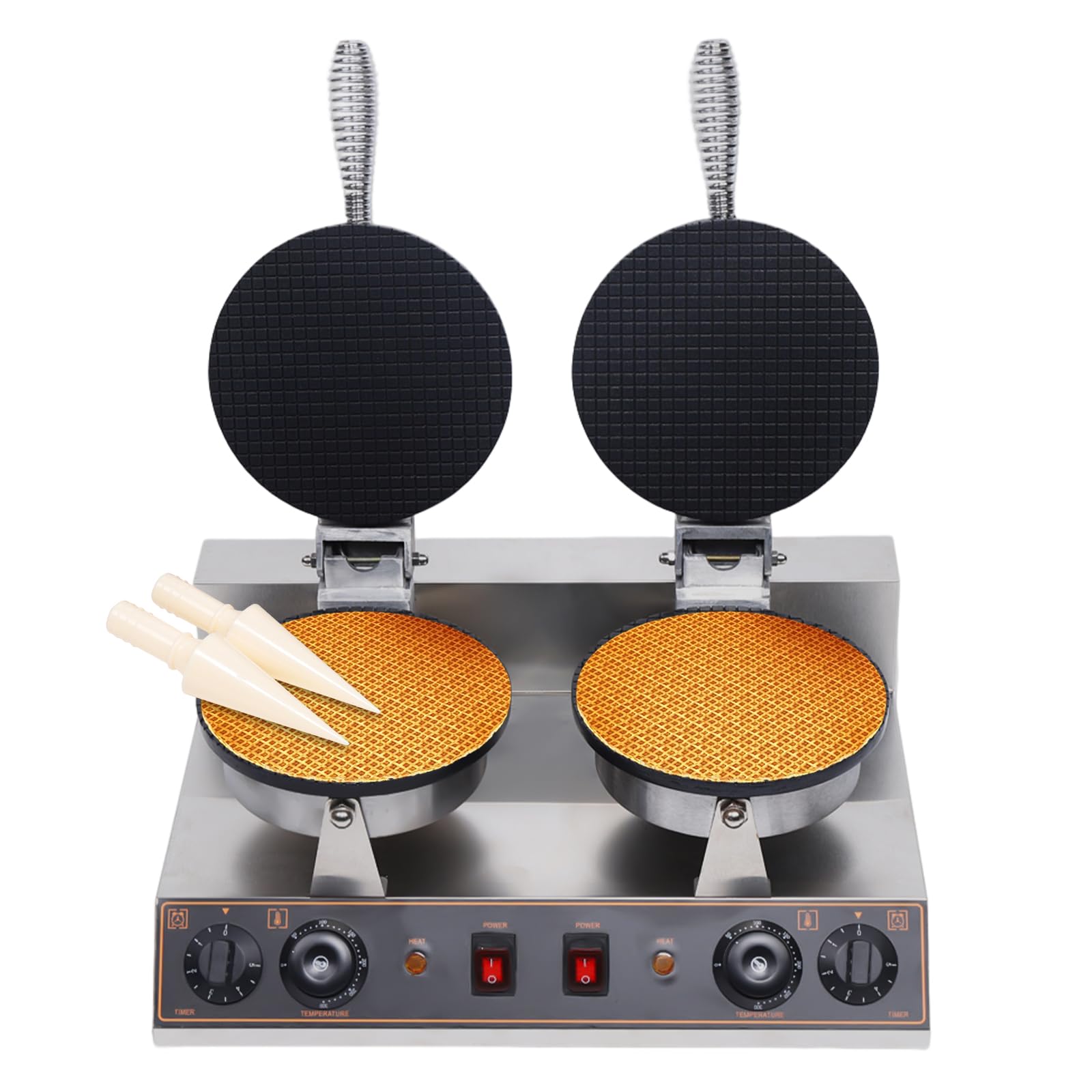 BICKKOMG 110V Commercial Electric Waffle Cone Maker - Stainless Steel Non-Stick Double Head Ice Cream Cone Machine with Egg Roll Mold for Restaurants, Bakeries & Home Use - Perfect for Making Crispy Waffle Cones, Ice Cream Bowls and Sweet Treats