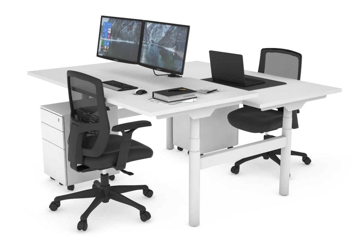 Flexi Premium Height Adjustable 2-Person H Bench Workstation - White Frame [1400L x 800W with Cable Management] - Ideal for Office, Home Workspace & Collaborative Environments