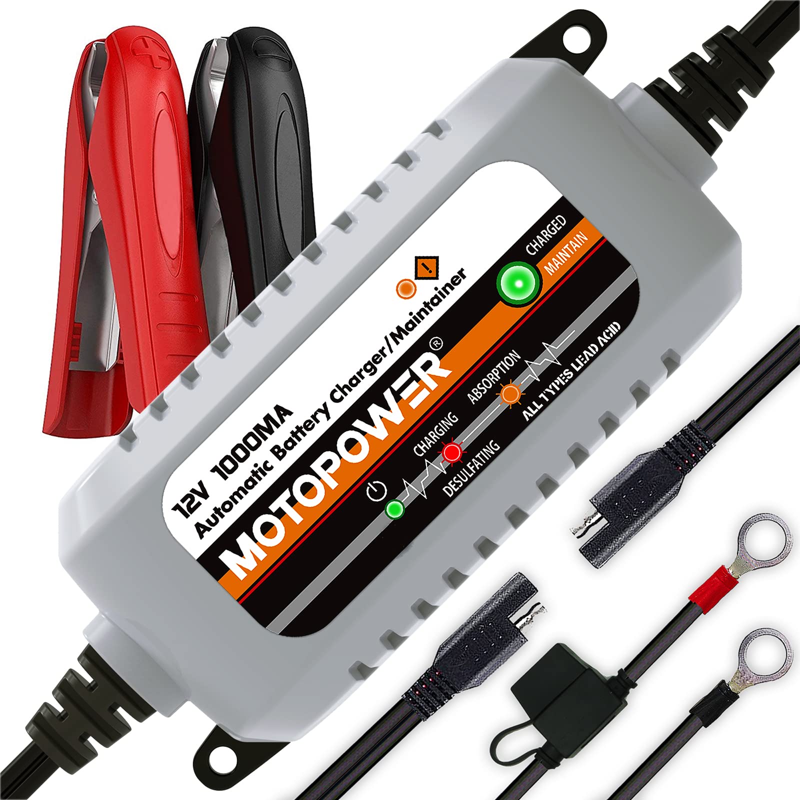 MOTOPOWER MP00205B 12V 1000mA Automatic Battery Charger & Maintainer with Trickle Charge & Desulfator - Timer Protection - Grey - Perfect for Cars, Motorcycles, Boats & RV Batteries