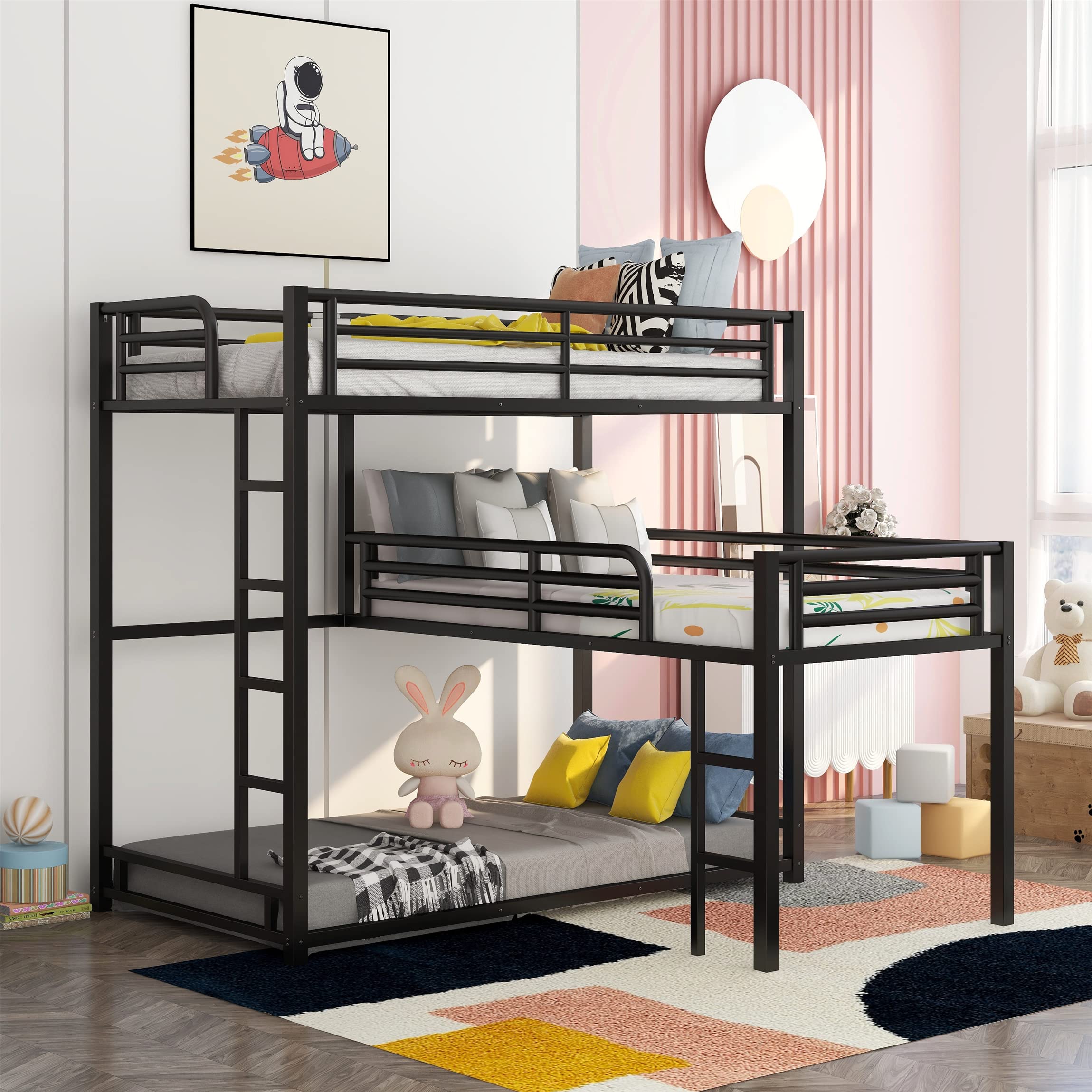 Metal Triple Bunk Bed Twin Size - L-Shaped 3 Tier Bunk Bed Frame for Kids, Teens & Adults - Space Saving Black Bedroom Furniture for Dorms, Hostels & Small Rooms