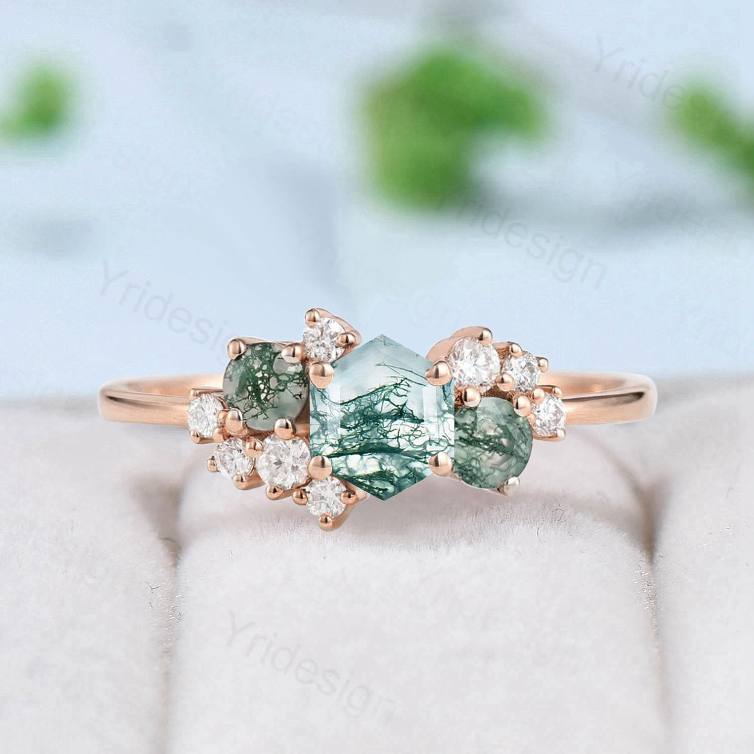 Hexagon Cut Green Moss Agate Engagement Ring - 14K/18K Rose Gold or Silver Moissanite Wedding Band, Unique Bridal Jewelry for Women, Anniversary Gift Idea | Perfect for Proposals, Weddings & Romantic Occasions