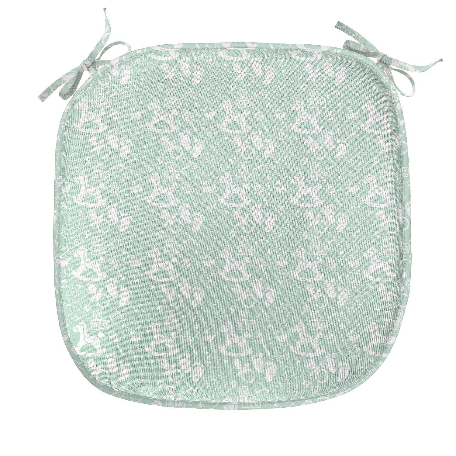 Lunarable Mint Chair Cushion Set of 12 - Non-Slip Seat Pads with Vintage Birth Shower Footprint Design, 16x16 Inch, Seafoam White - Perfect for Kitchen, Dining Room & Outdoor Patio Furniture