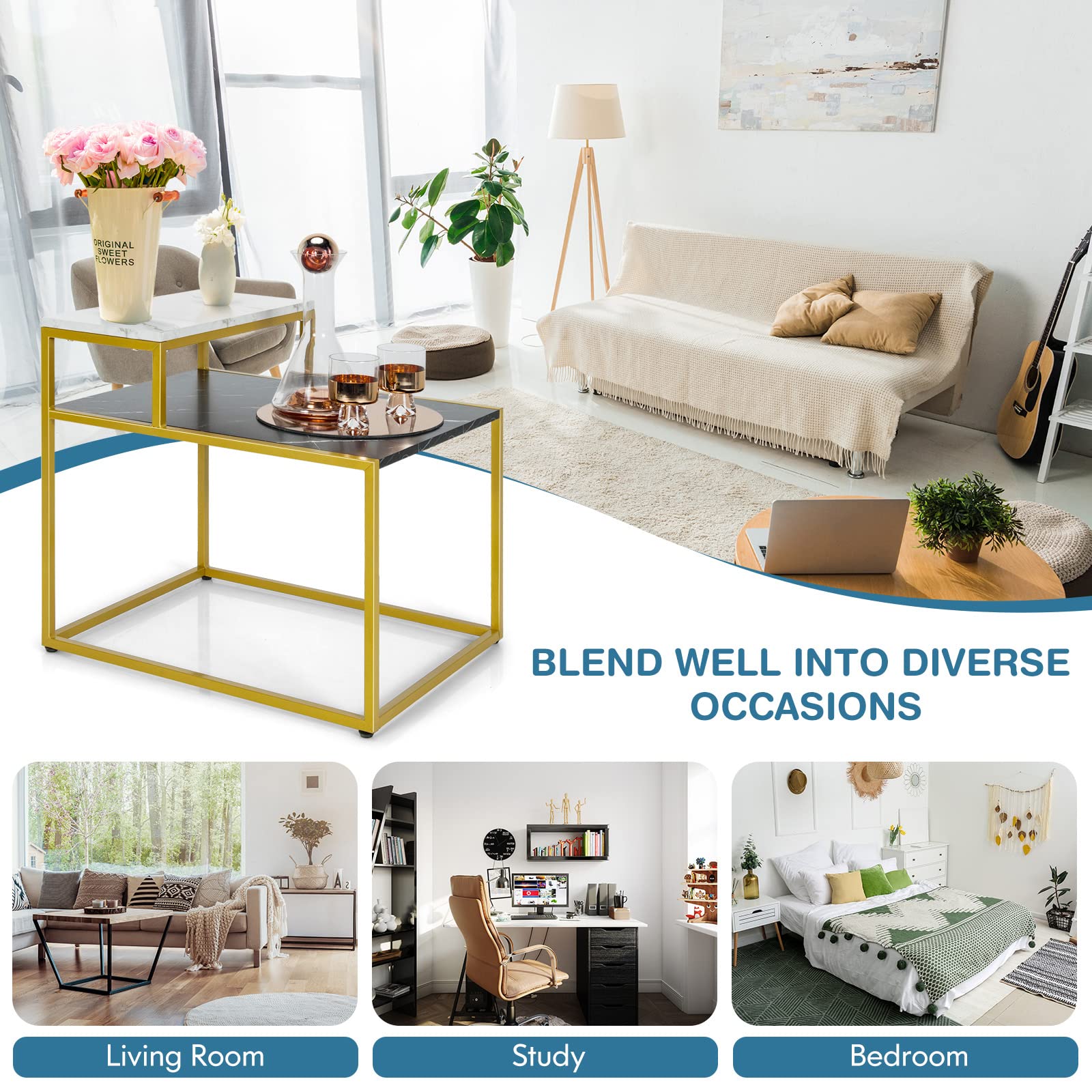 Giantex Gold End Table with Faux Marble Top - Adjustable Foot Pads & Storage Shelf - Modern Side Table for Living Room, Bedroom, Office - Easy Assembly - Perfect for Coffee, Books & Decor Display