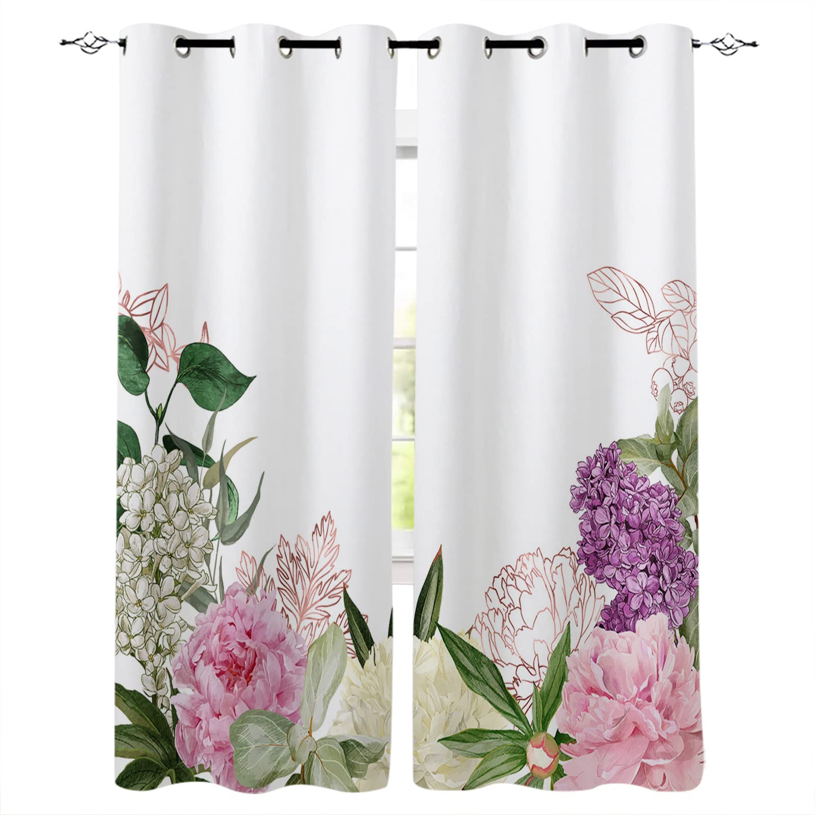 Room Darkening Blackout Curtains - Spring Floral Peony Rose Gold Window Drapes 52x63 Inch (2 Panels) | Noise Reducing Thermal Insulated Curtains for Bedroom, Living Room & Home Decor | Lush Botanical Design with Floral Fragrance