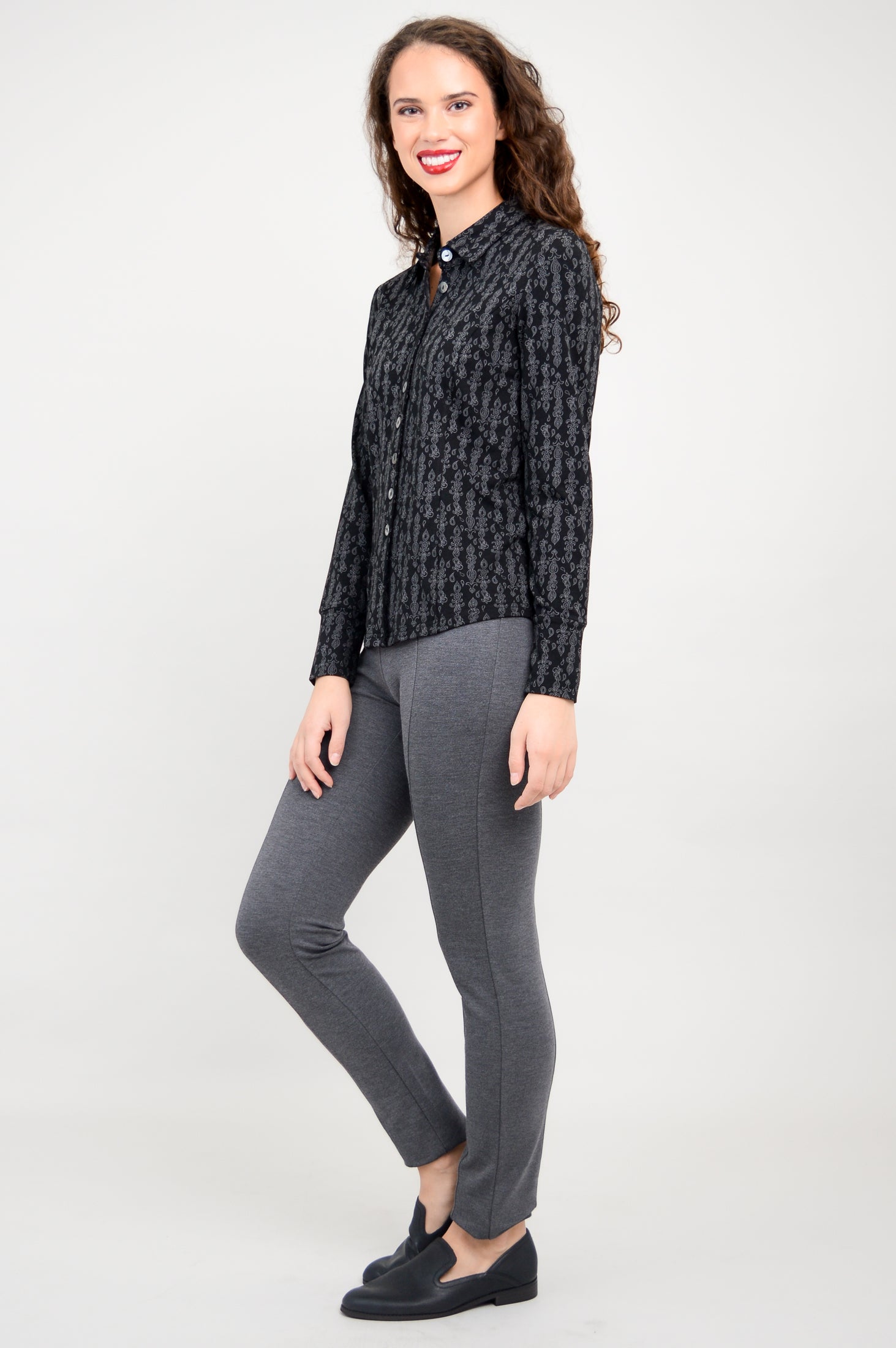 Harley Long Sleeve Top for Women - Soft Bamboo Fabric, Charcoal Paisley Print - Comfortable & Stylish Casual Shirt - Perfect for Work, Travel & Everyday Wear