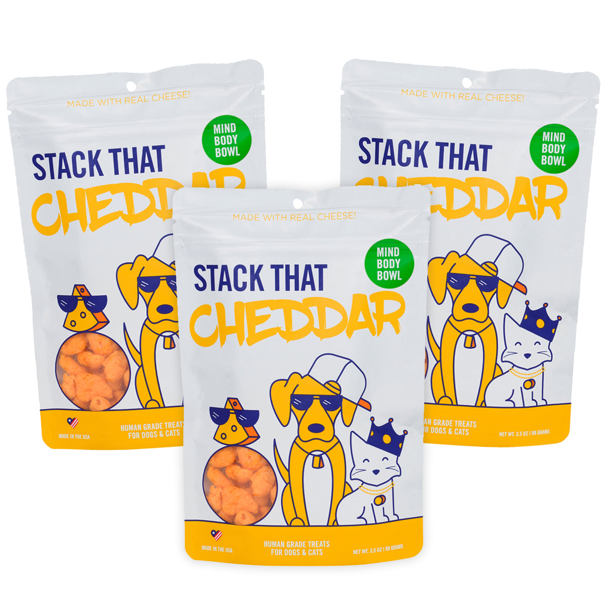 Premium MIND BODY BOWL Stack That Cheddar Cheese Dog & Cat Treats - 3 Pack Healthy Snacks for Pets - Perfect for Training Rewards & Daily Treats