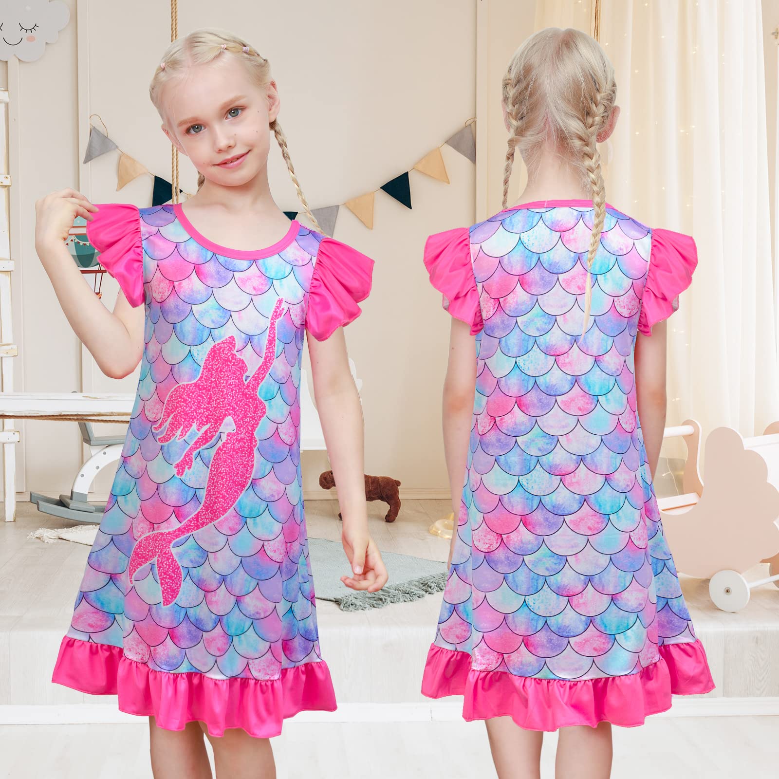 **2-Pack Unicorn & Mermaid Princess Nightgowns for Girls 3-9 Years | Soft Toddler Sleepwear Pajamas | Perfect for Bedtime, Sleepovers & Playtime**