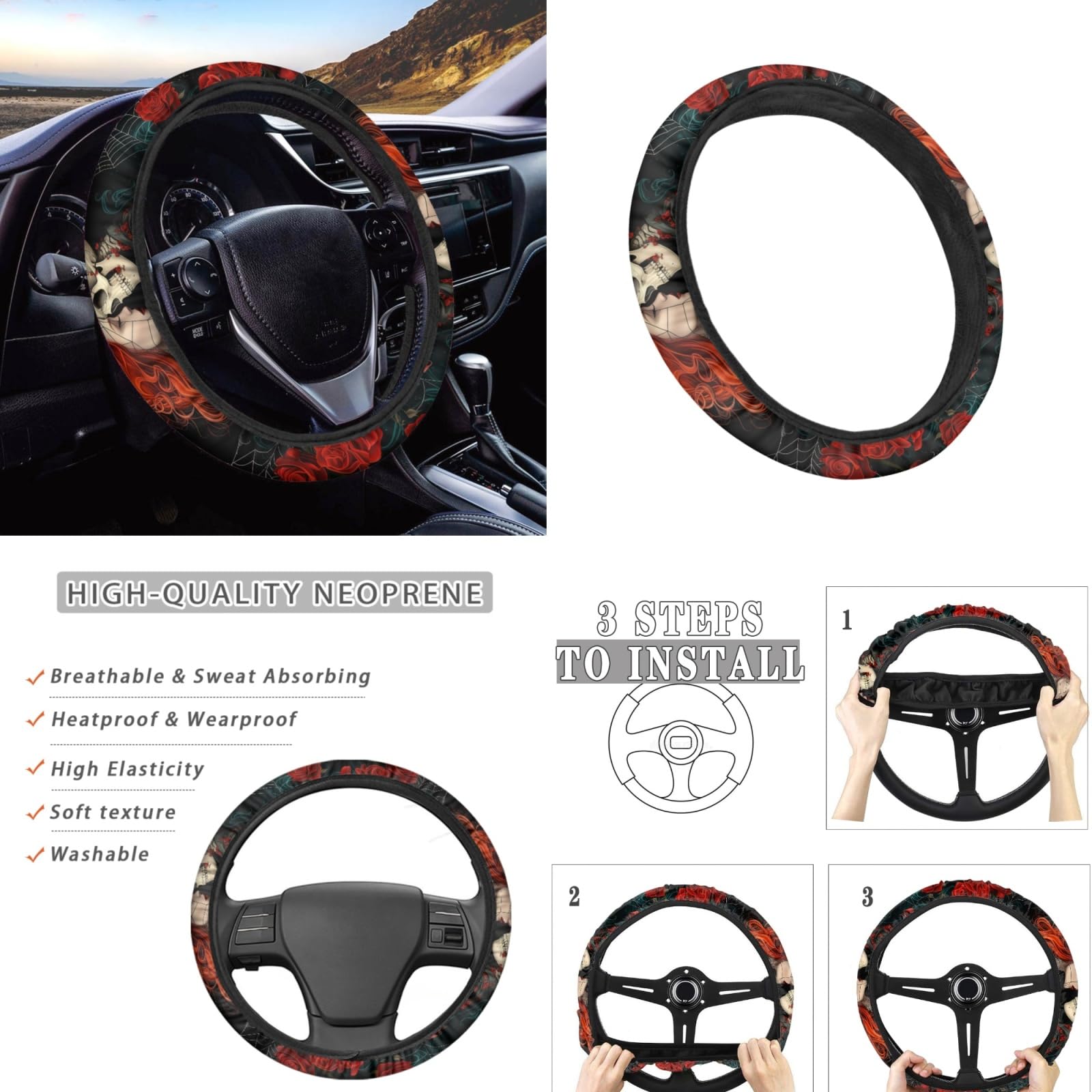 Scary Skull Skeleton Halloween Car Seat Covers Set - 5 Piece Universal Fit Auto Interior Accessories with Steering Wheel Cover & Seatbelt Pads for Most Vehicles | Perfect for Halloween Decorations, Themed Parties & Spooky Car Rides