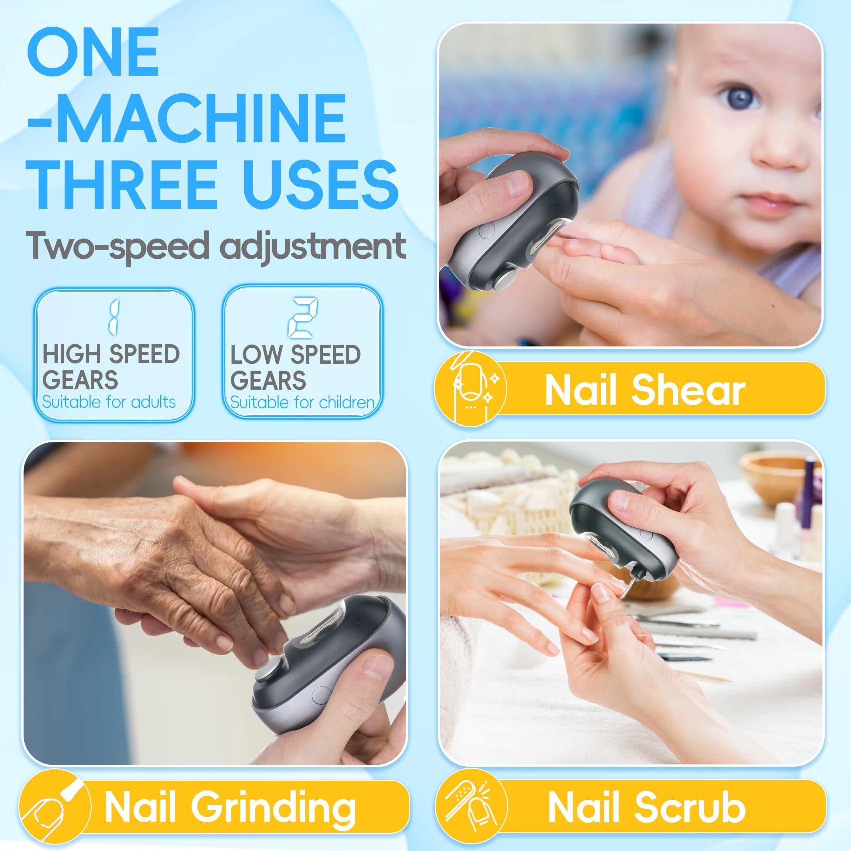 Electric Nail Clipper - 3 in 1 USB Rechargeable Nail Trimmer & Polisher with LED Light & Storage Case, 2 Speed Settings for Baby, Kids, Adults & Seniors (Frosted Black) - Perfect for Home, Travel & Salon Use